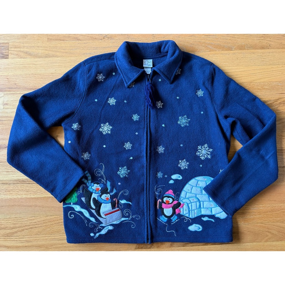 Quacker Factory Blue Fleece Zip Jacket Large Penguin Winter Igloo Embroidered